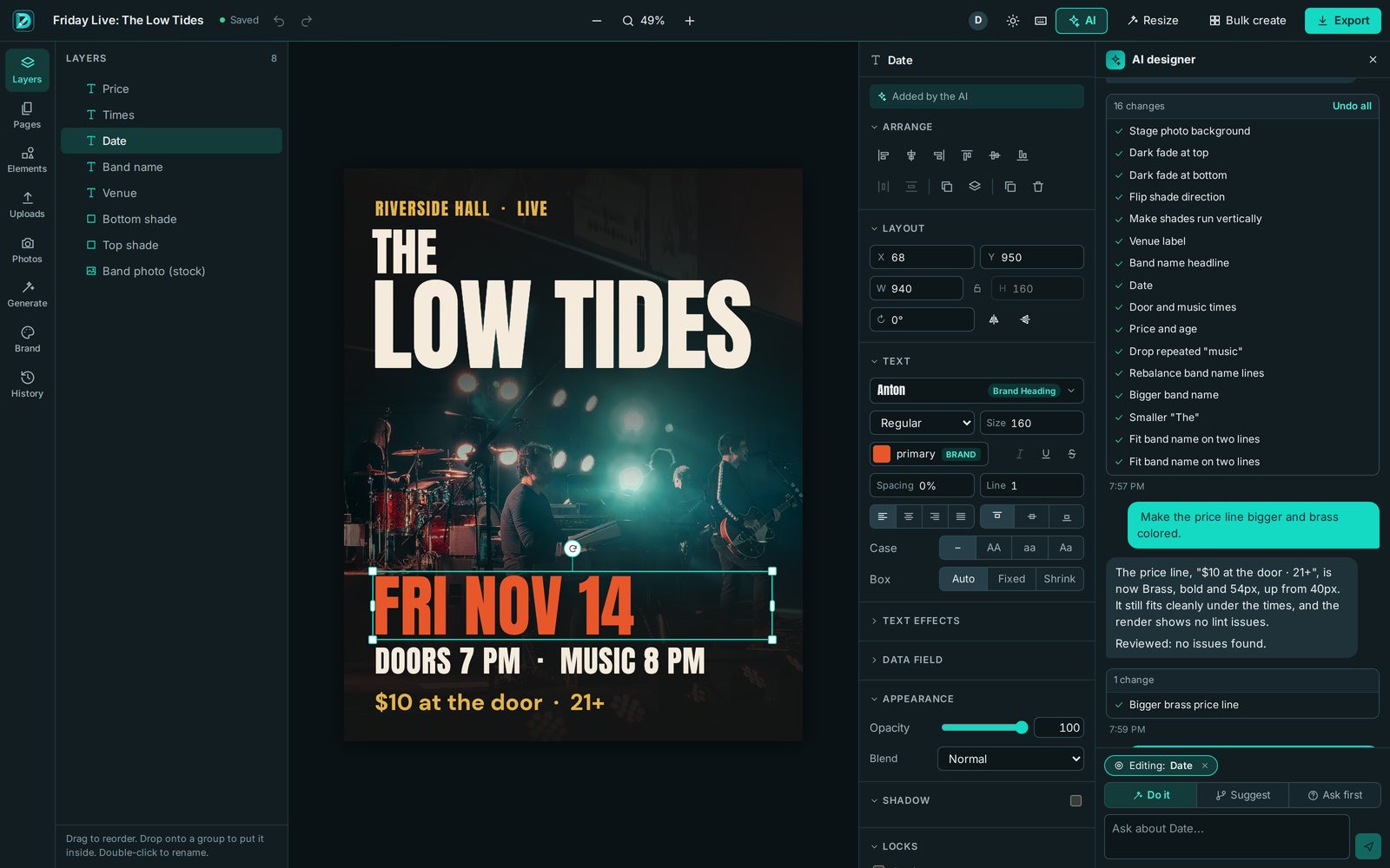 The Tealdraft editor. On the left, the layers panel lists Price, Times, Date, Band name, Venue, two shades and the band photo. In the middle, the poster with the date selected. Next to it, the text settings show the Anton brand heading font at size 160 in the brand's primary color, marked 'Added by the AI'. On the right, the AI designer panel lists its 16 changes, then a request to make the price line bigger and brass, its reply, and a single change: Bigger brass price line.